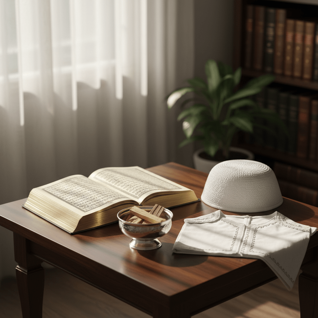A meticulously arranged Zoroastrian prayer corner on a low, dark wooden table, featuring an open, gilt-edged prayer book in Avestan script, a small silver fire bowl with unlit sandalwood chips, and a folded white prayer cap beside a crisp, embroidered sudreh. The setting is a quiet interior near a window with sheer curtains, allowing soft morning daylight to wash over the objects, creating subtle highlights on the metal and gentle shadows on the tabletop. Photographic realism with a slightly elevated angle and rule-of-thirds composition, background softly blurred with hints of a tidy bookshelf. The atmosphere is calm, contemplative, and scholarly, fitting a professional blog post about daily prayer sequences and sacred texts.